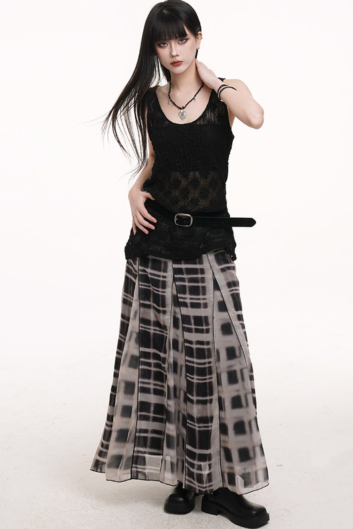 Gray Plaid Pleated Long Skirt