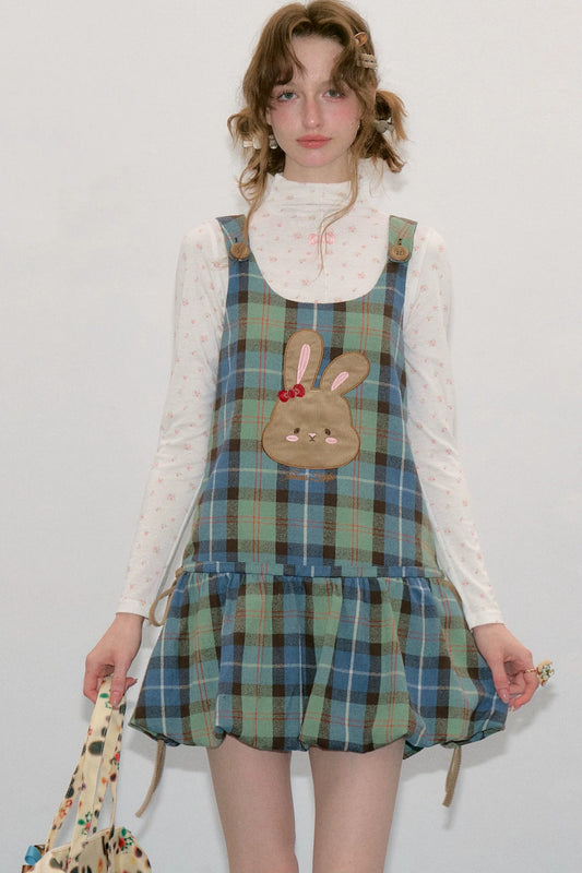 Retro Plaid Rabbit Patch Layered Dress