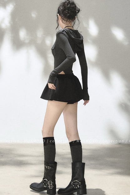 Brushed Ribbed Hooded Cutout Top