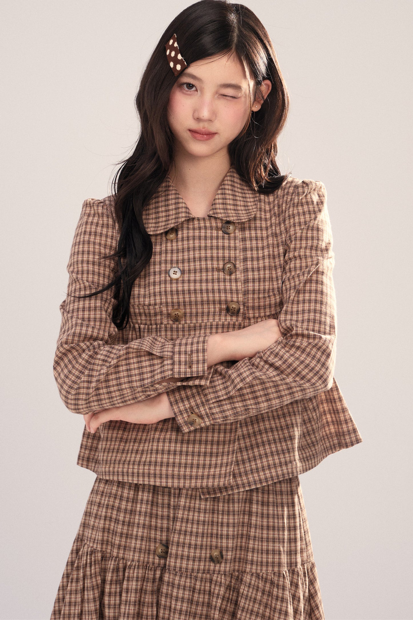 Long-Sleeved Plaid Shirt and Skirt Set-Up