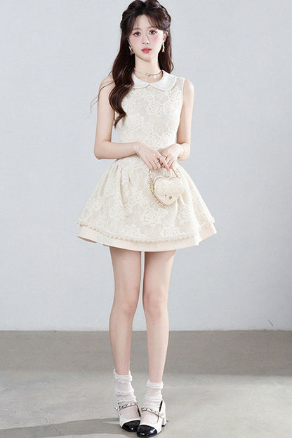 Sleeveless Lace Puffy Doll Collar Dress