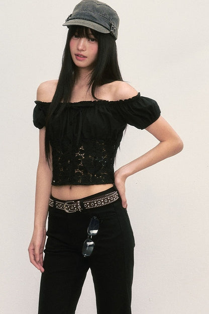 Off-Shoulder Lace Cutout Puff Sleeve Crop Top