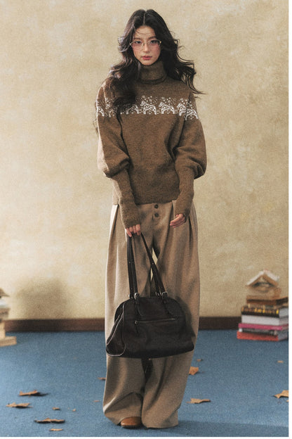 Khaki Wide-Leg Casual Pants