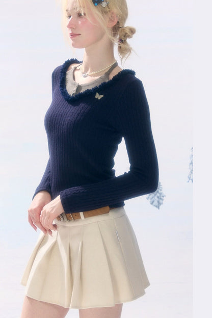 Frayed Halter Layered-Look Knit Top