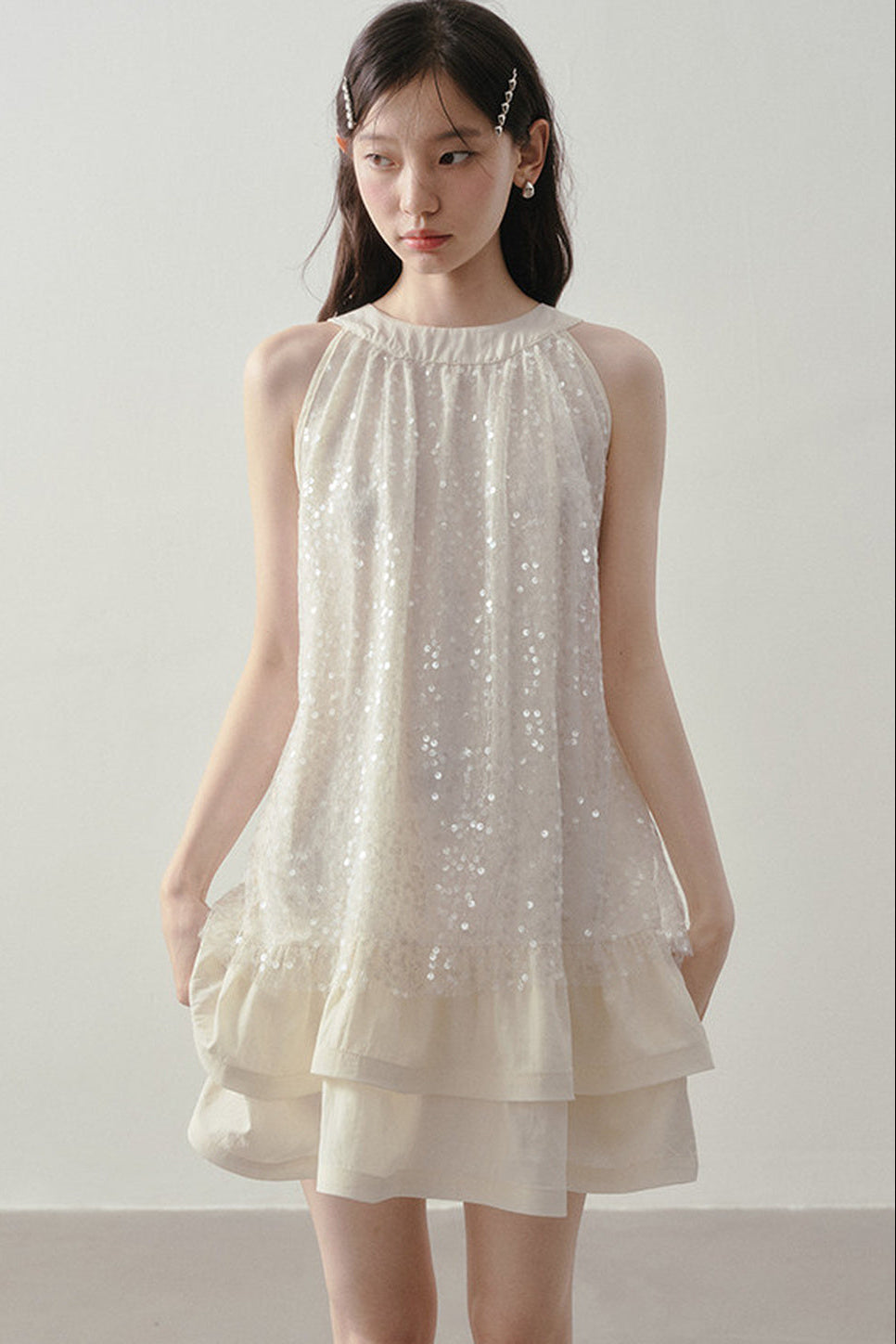 Sequin Halter A-Line Ruffle Short Dress