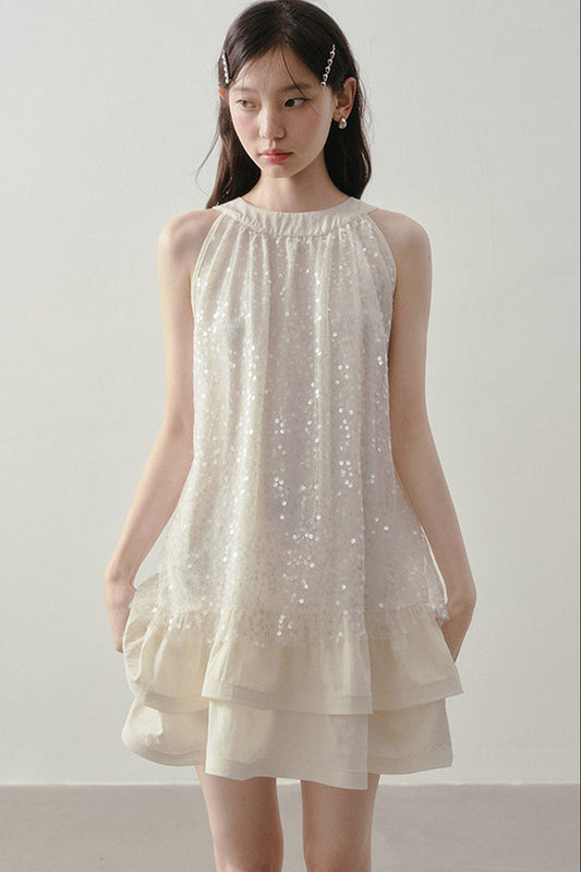 Sequin Halter A-Line Ruffle Short Dress