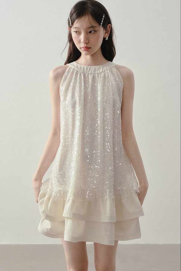 Sequin Halter A-Line Ruffle Short Dress