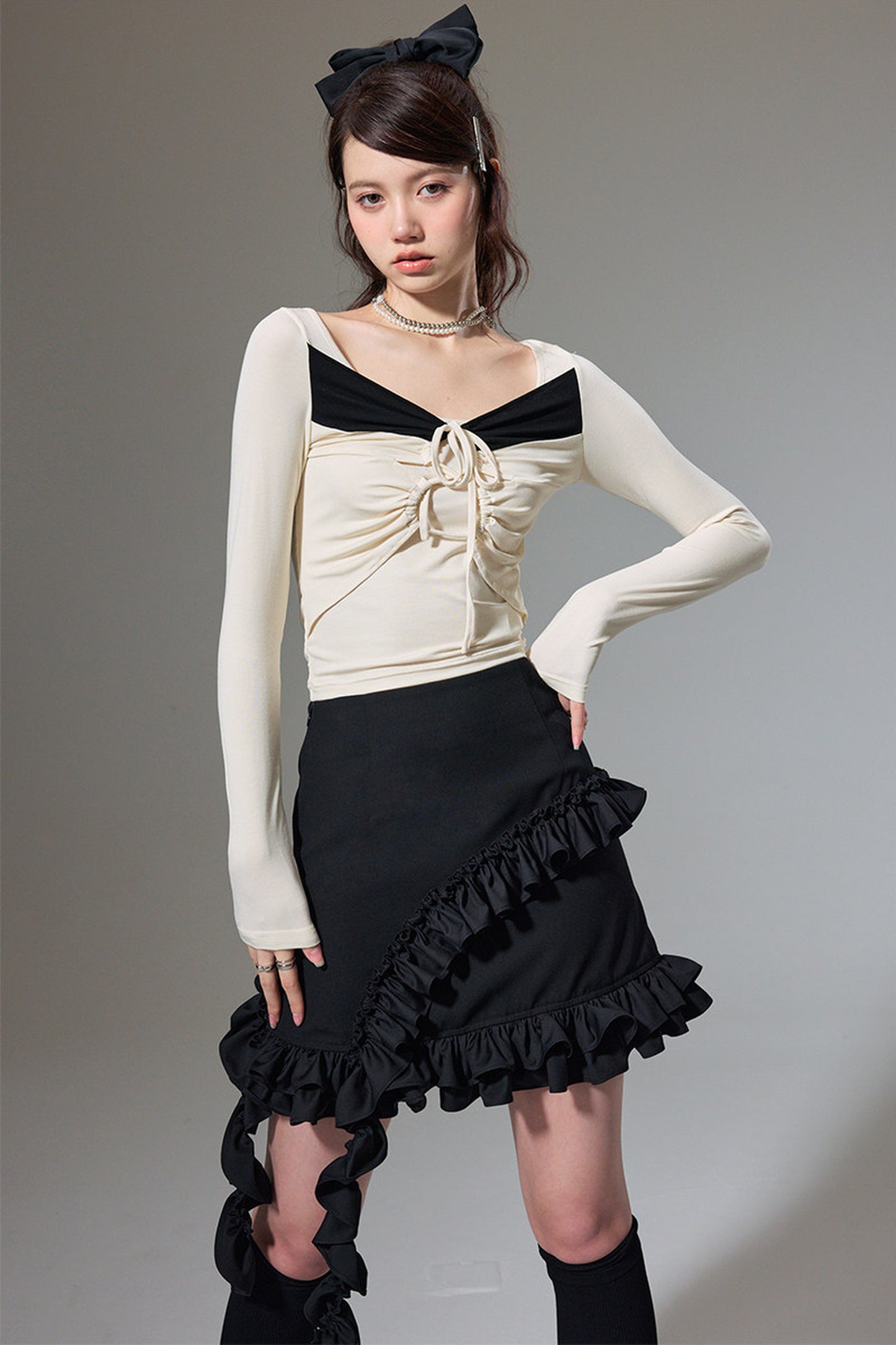 Square Neck Color-Block Knit Top and Skirt Set