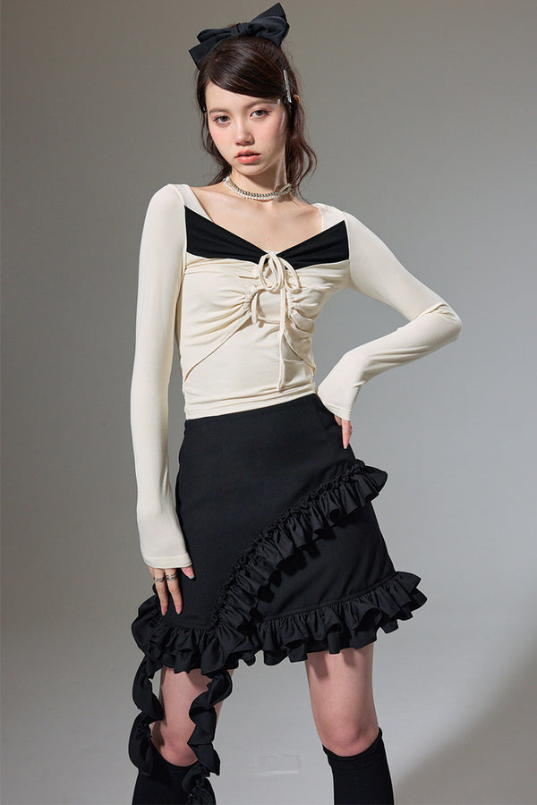 Square Neck Color-Block Knit Top and Skirt Set