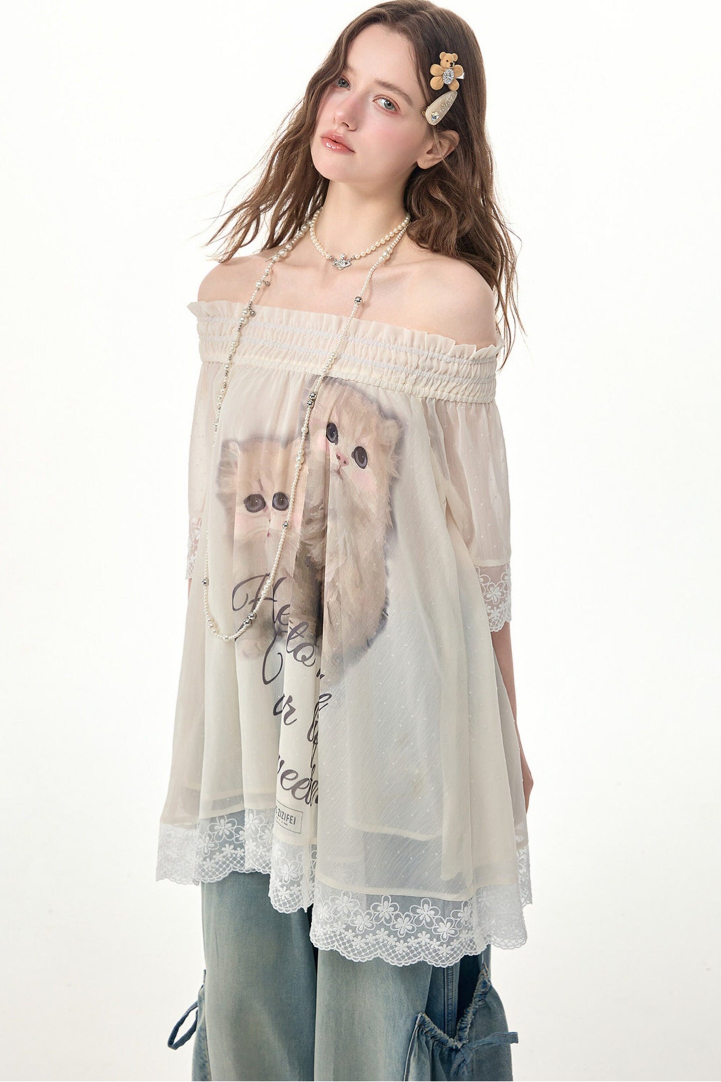 Cat Print Off-Shoulder Lace Trim Top