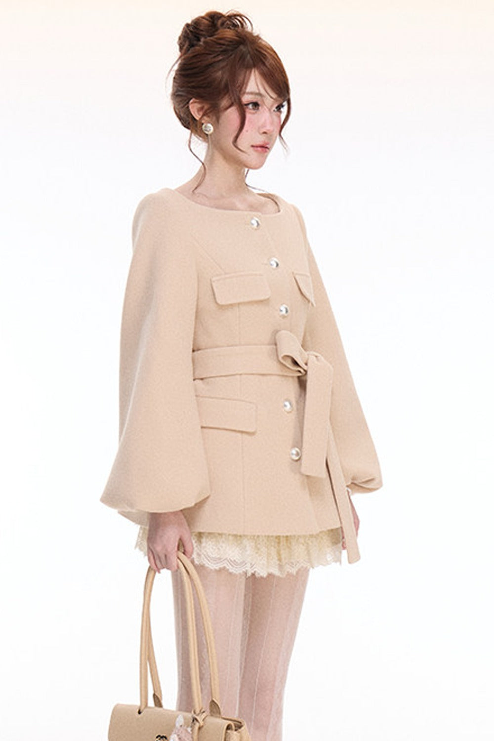Lantern Sleeve Wool Coat & Lace Tiered Skirt Set-Up