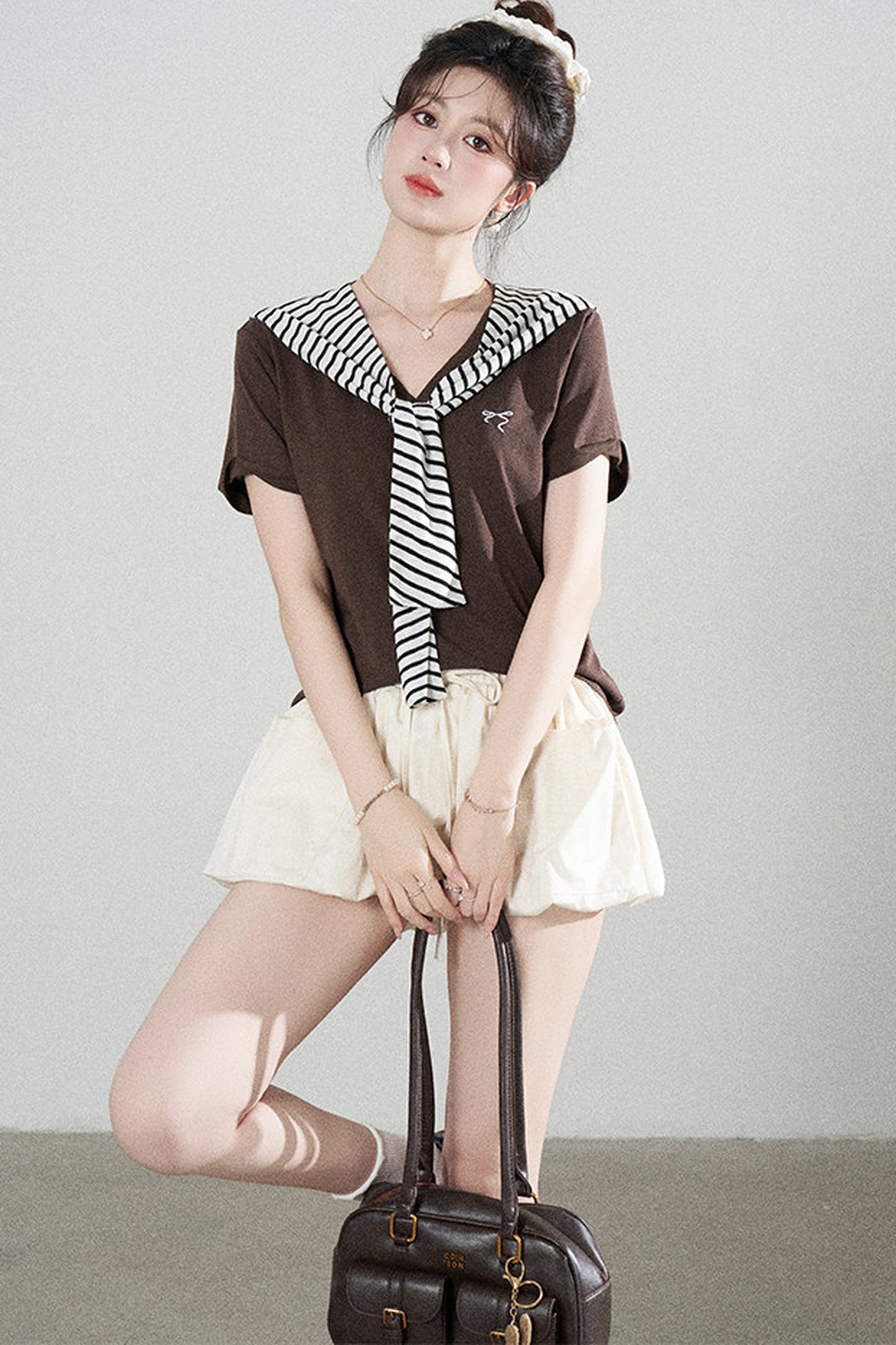 Loose Short-Sleeved Striped Shawl T-Shirt and Denim Skirt Set-Up