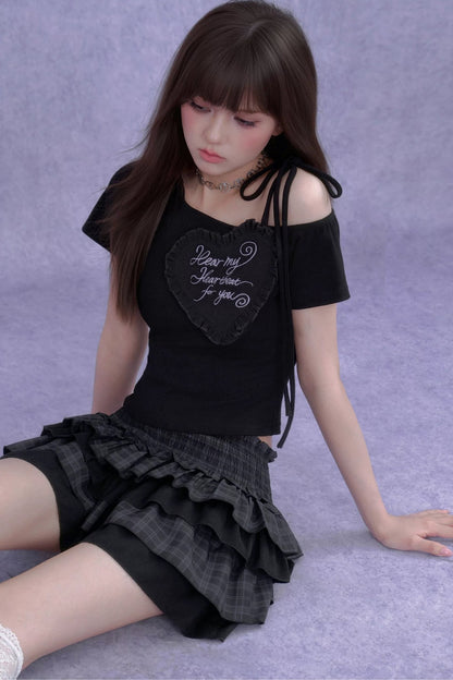 Heart Short-Sleeve One-Shoulder Top