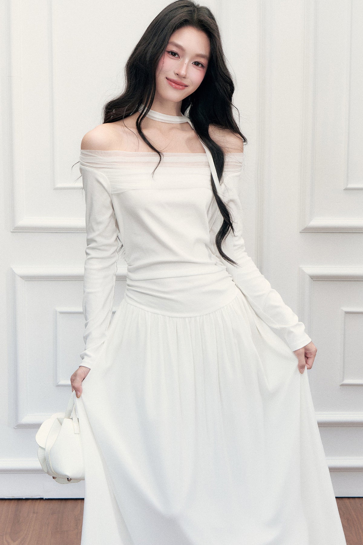 Off-Shoulder Lily Mesh Patchwork Long Dress