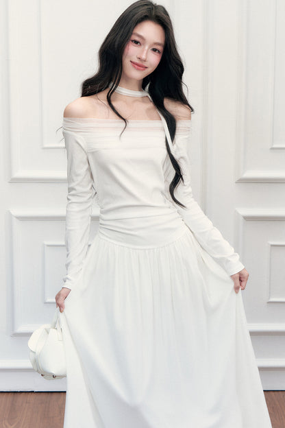 Off-Shoulder Lily Mesh Patchwork Long Dress