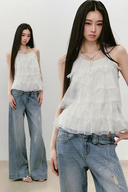 Top dos-nu patchwork en dentelle