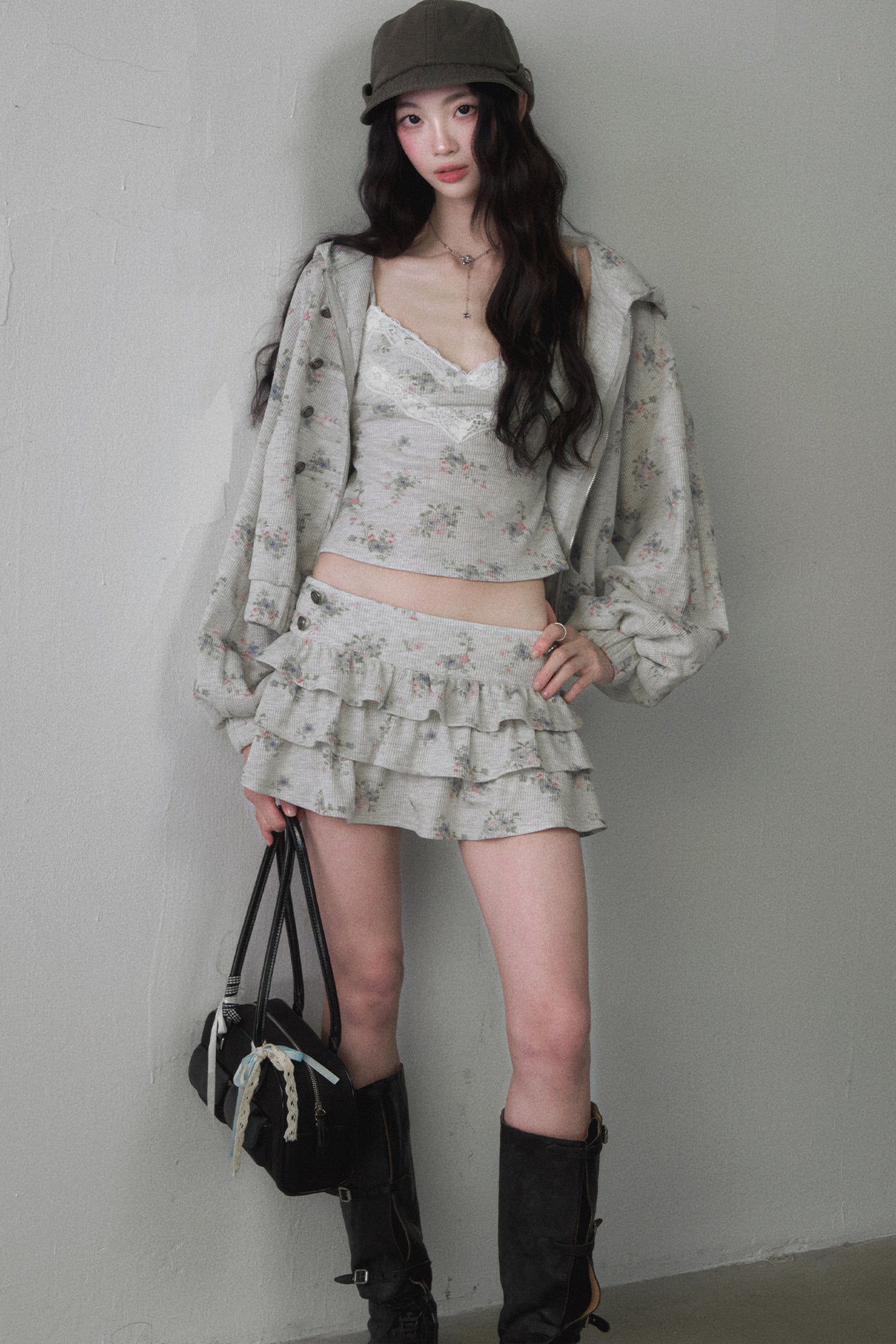 Floral Hooded Sweatshirt and Multi-Layer Cake Skirt Set