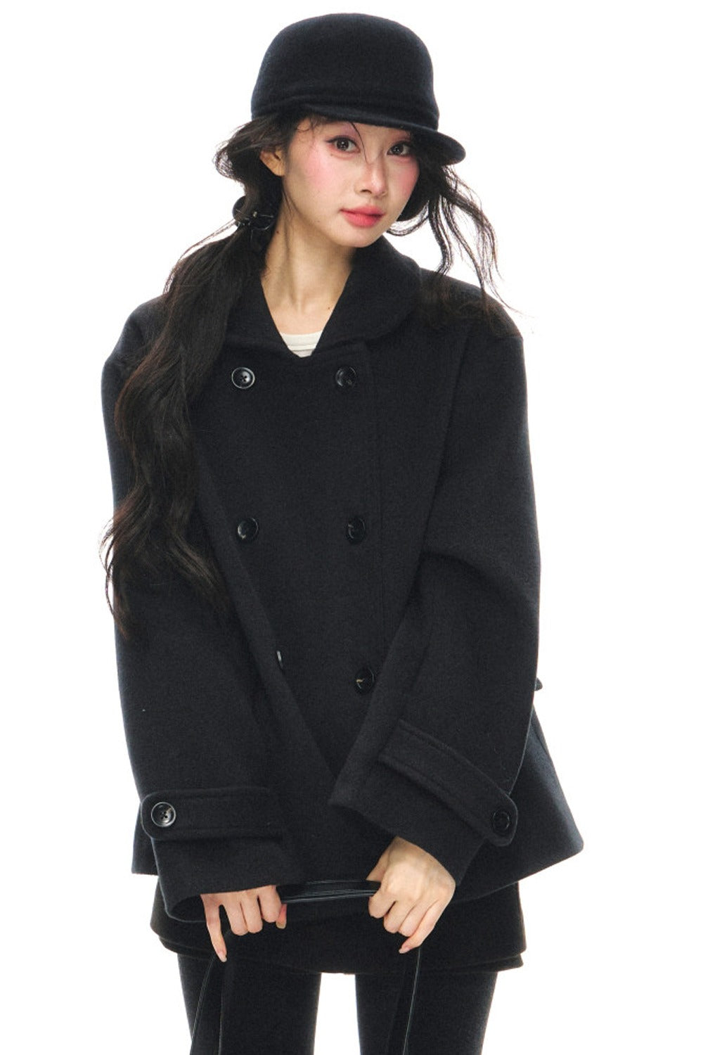 Black Wool Doll Collar Coat Set-Up