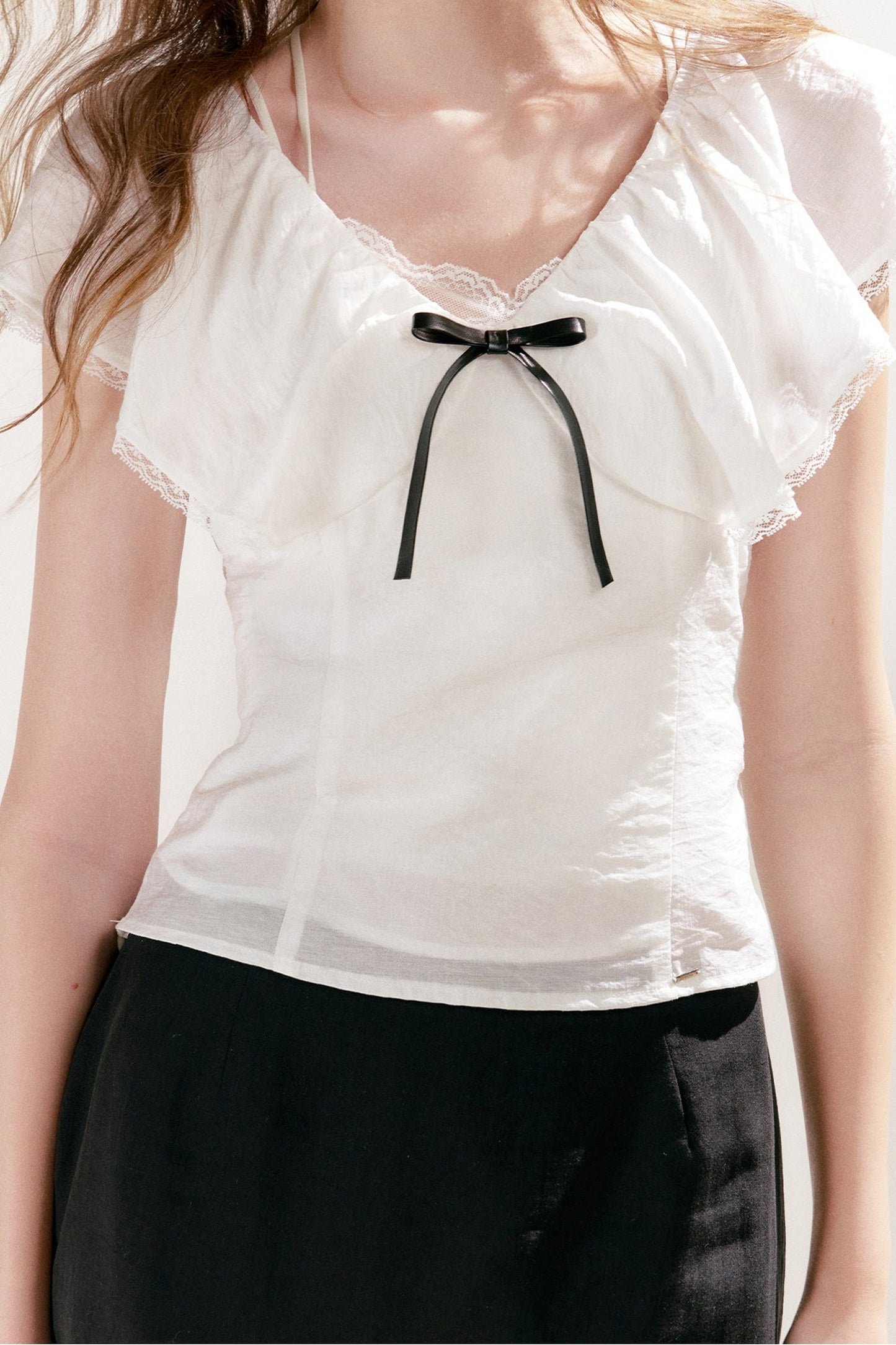 Lyocell Linen Ruffle Bow V-Neck Top and Skirt Set-Up
