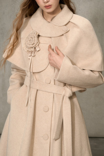 Floral Embroidered Long Woolen Cape Coat Set-Up