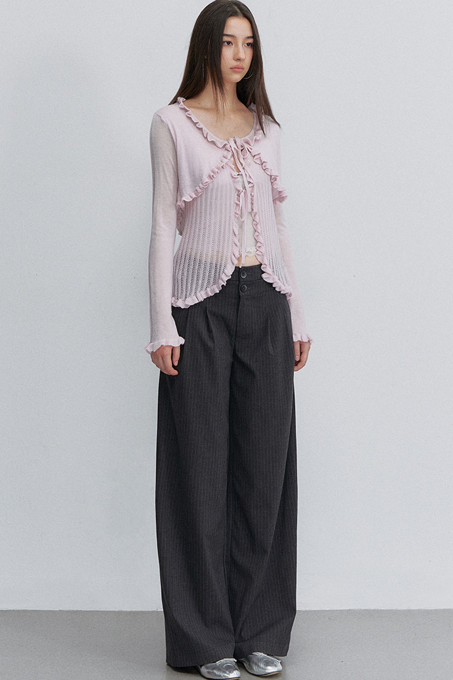 Ruffle Tie Hollow Out Knit Cardigan