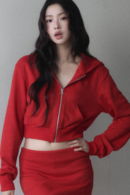 Red Hooded Zip-Up Sweatshirt and Hip-Hugging Skirt Set-Up