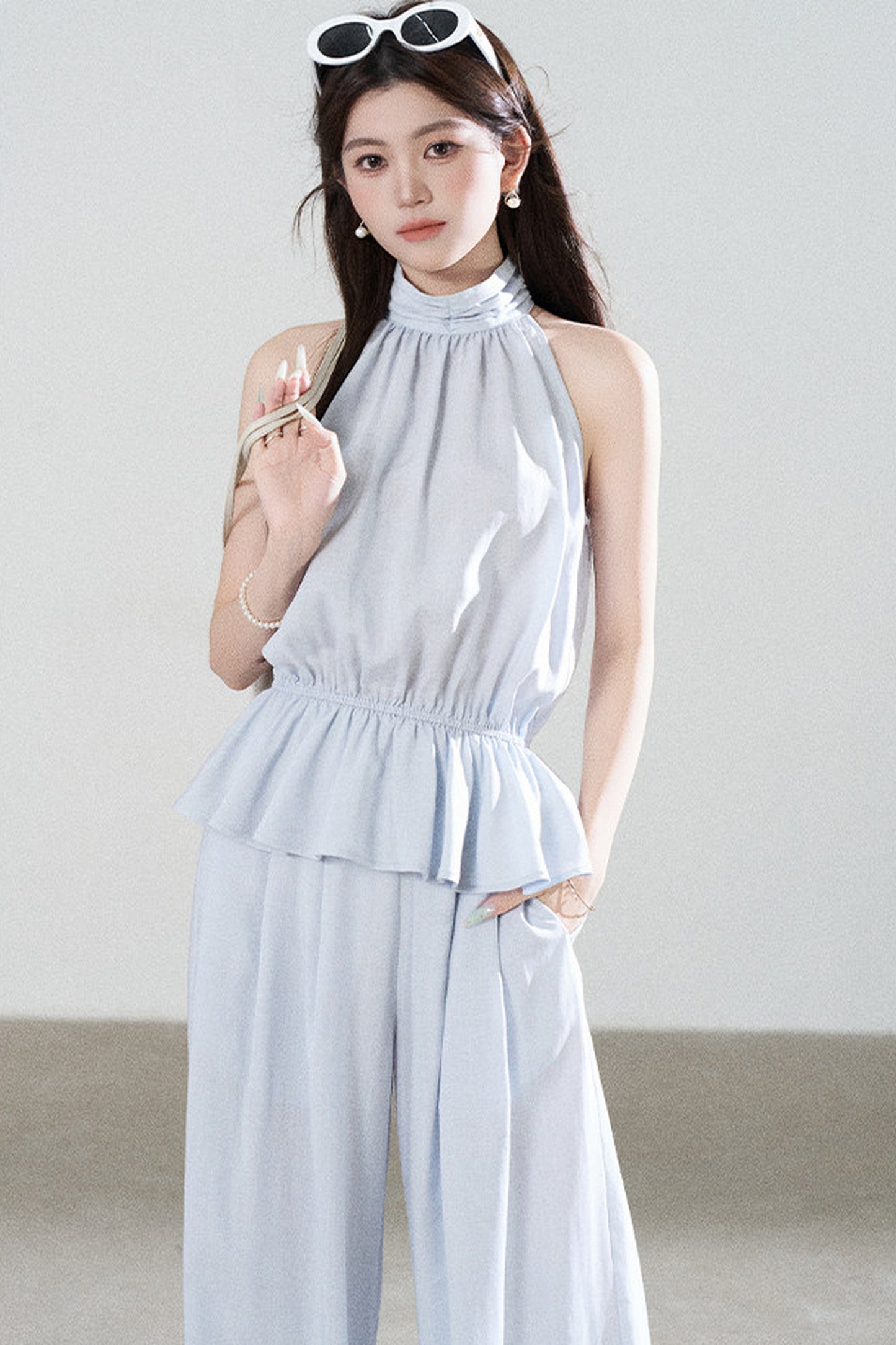 Blue Tencel Halter Shirt and Wide-Leg Pants Set