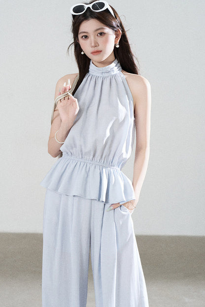 Blue Tencel Halter Shirt and Wide-Leg Pants Set