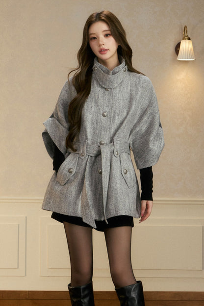 Stand Collar Batwing Wool Cape Jacket