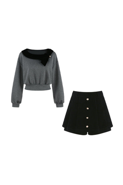 Gray Pullover Sweatshirt and Black Skirt Set-Up