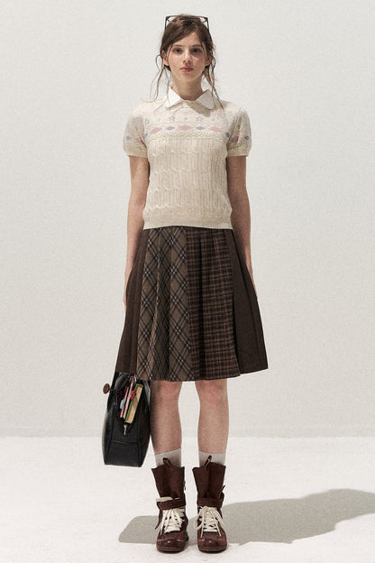 Retro Patchwork Pleated Skirt