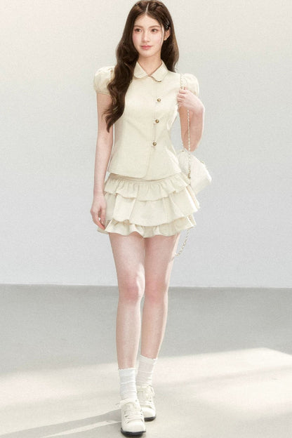 Retro Collar Blouse & Cake Skirt Set-Up
