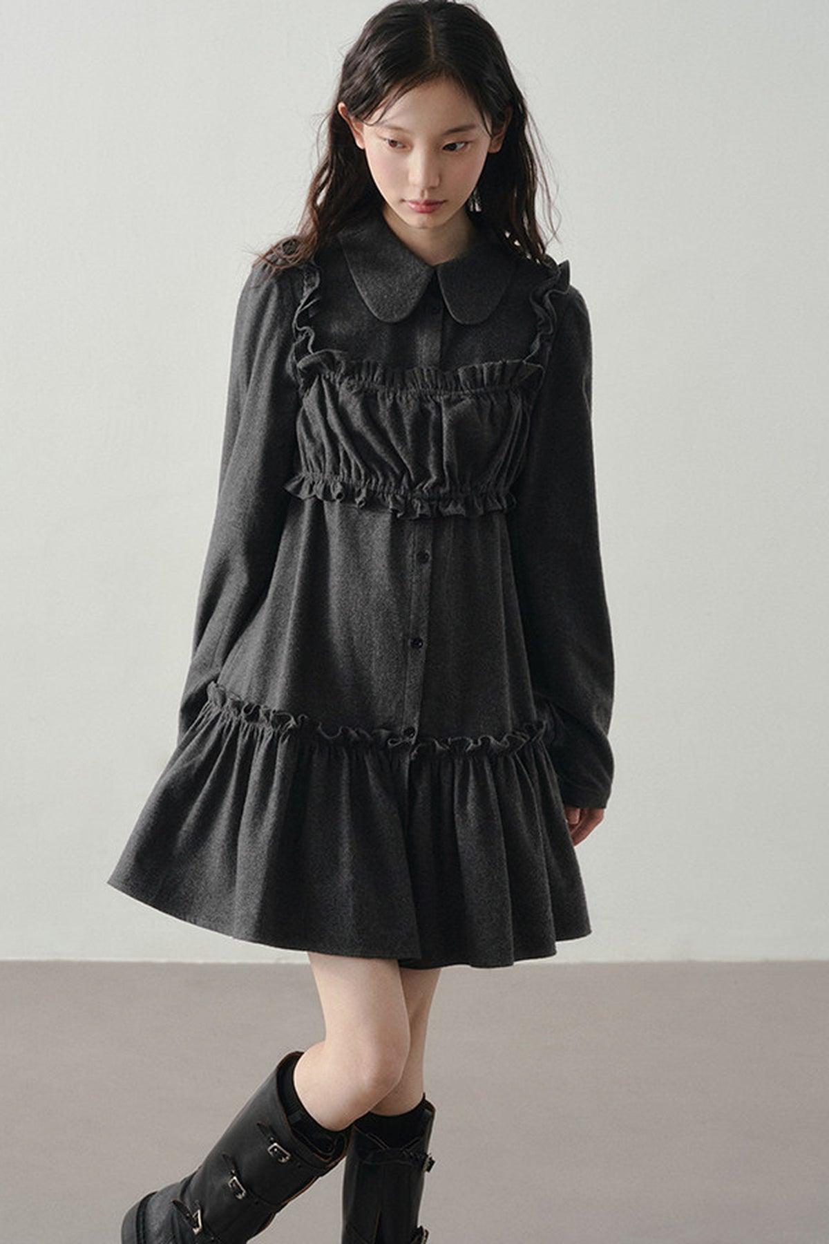 Misty Black Pleated Vest and Shirt Dress Set