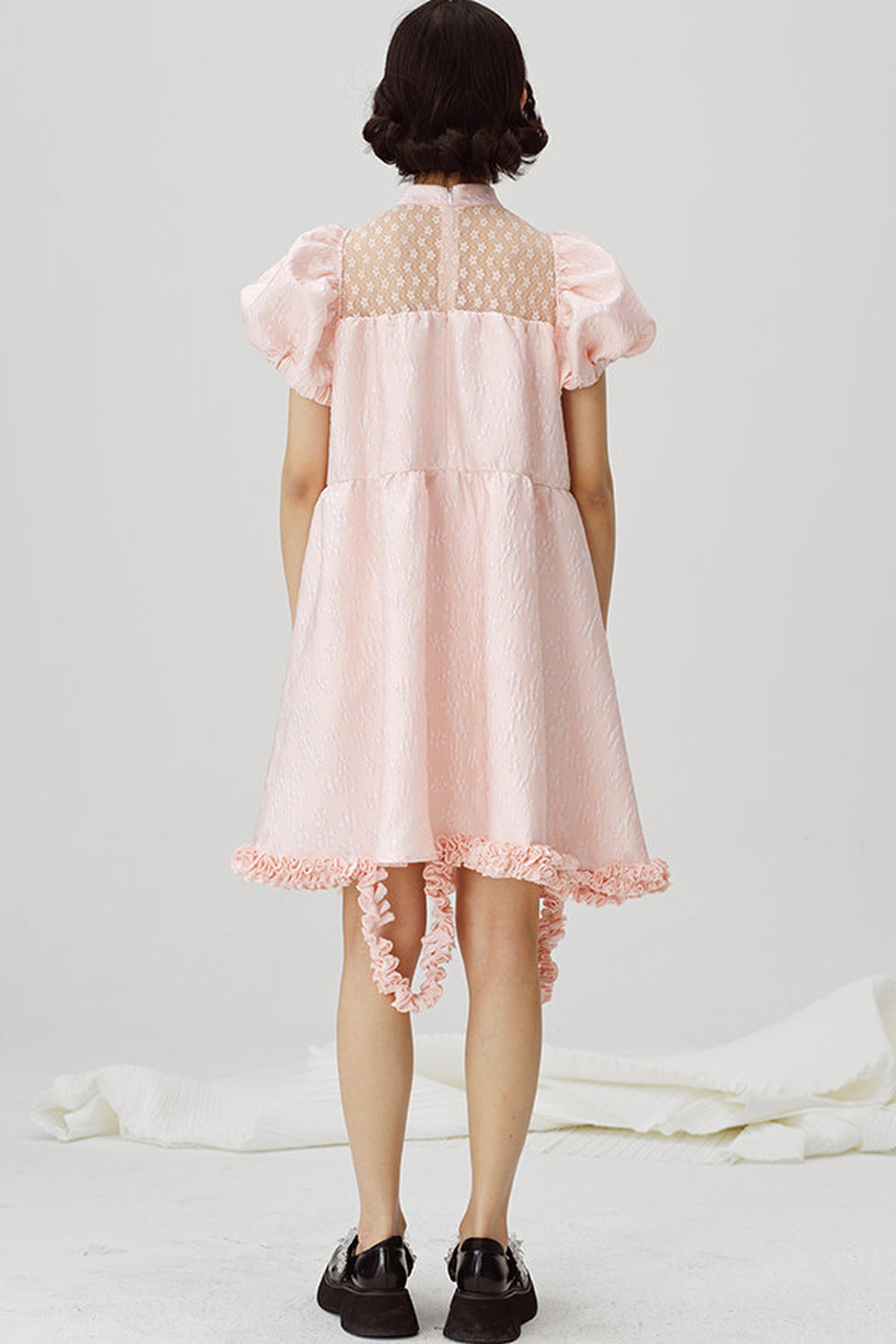 Lace Patchwork Puff Sleeve A-Line Dress