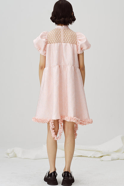 Lace Patchwork Puff Sleeve A-Line Dress