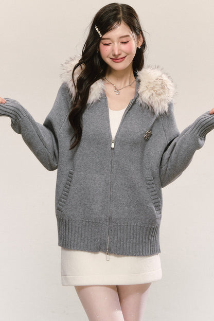 Detachable Fur Collar Hooded Knit Cardigan
