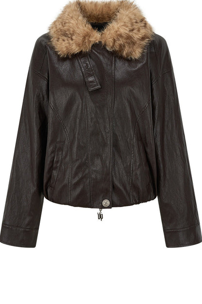 Textured Leopard Fur Collar PU Jacket