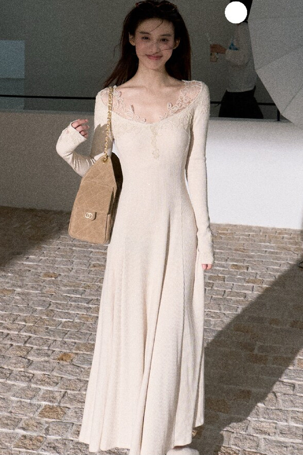 Spliced Lace Trim Long-Sleeve A-Line Dress