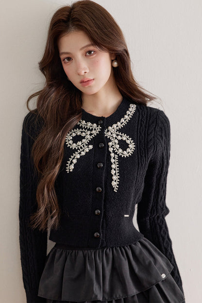 Rhinestone Pearl Bow Merino Cardigan Top