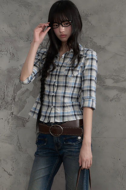 Retro Plaid Short Sleeve Shirt and Pants Set-Up