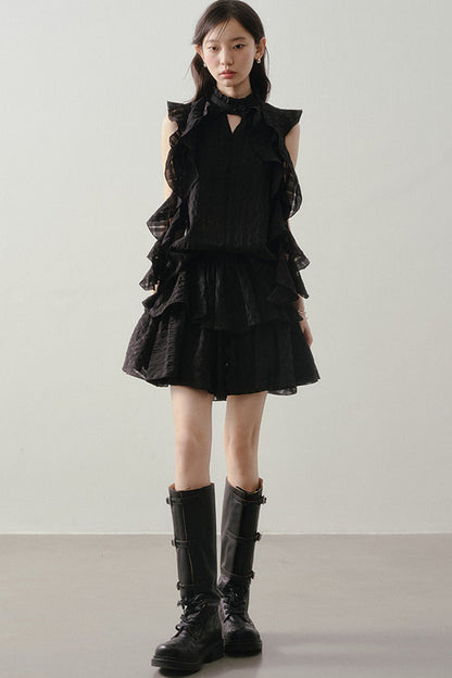 Textured Ruffle Collar Top And A-Line Skirt Set