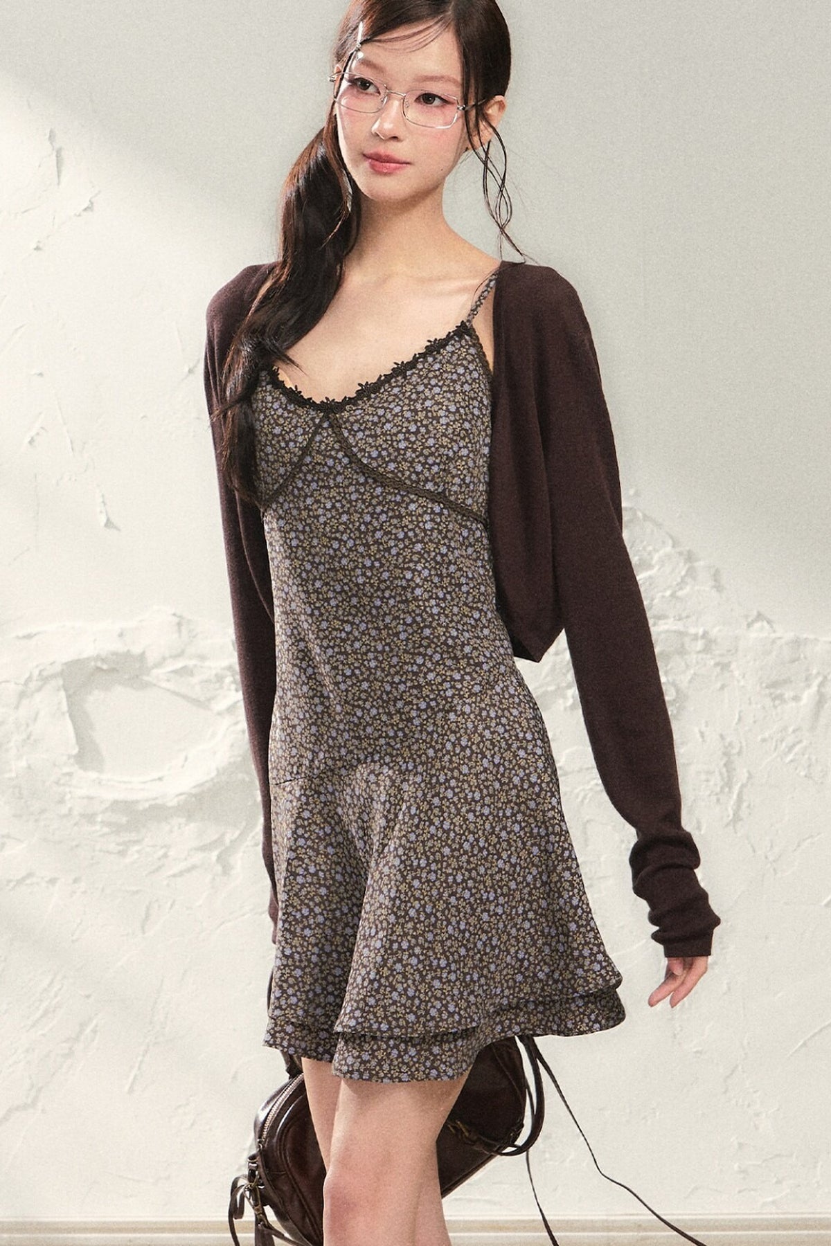 Long Sleeve Short Knitted Cardigan and Suspender Dress Set-Up