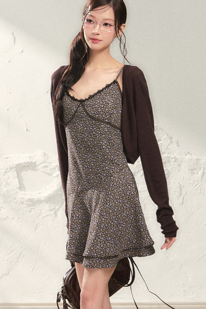 Long Sleeve Short Knitted Cardigan and Suspender Dress Set-Up