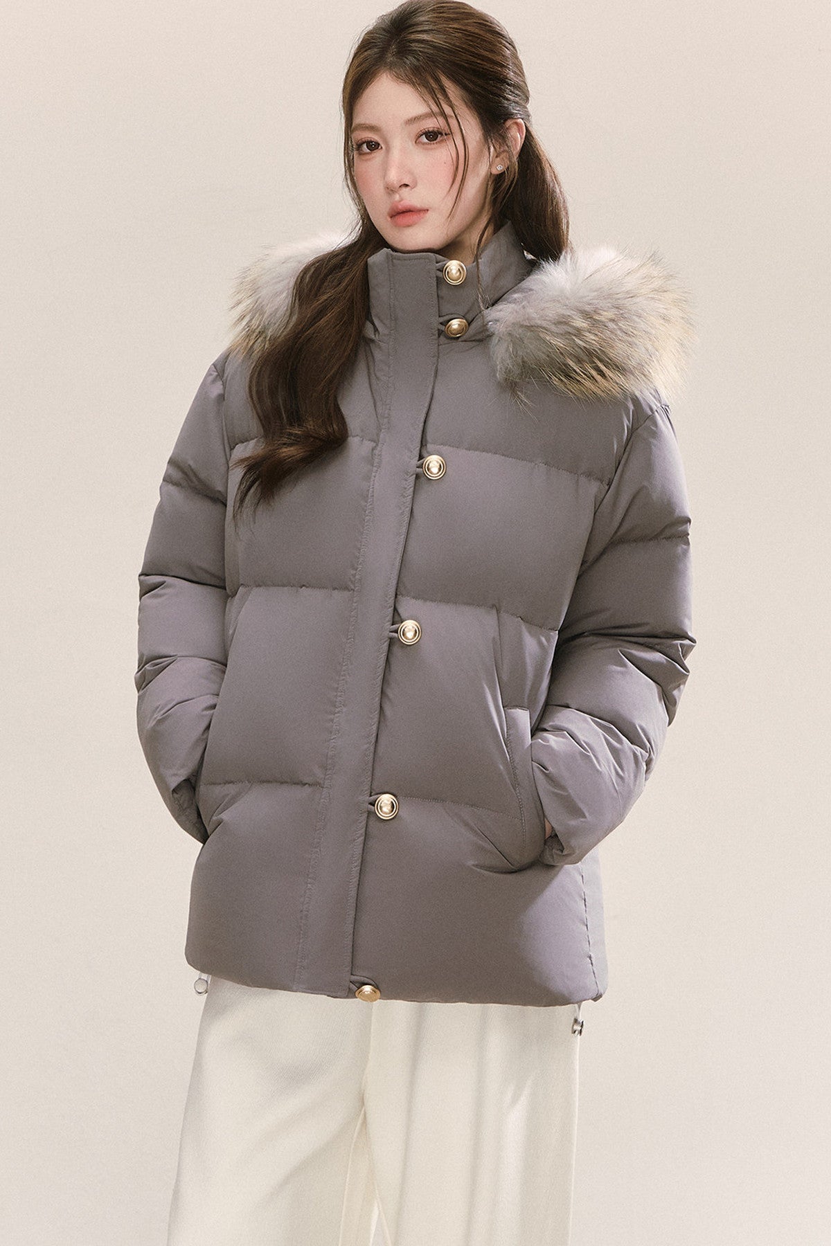 Detachable Raccoon Fur Collar Hooded Down Jacket