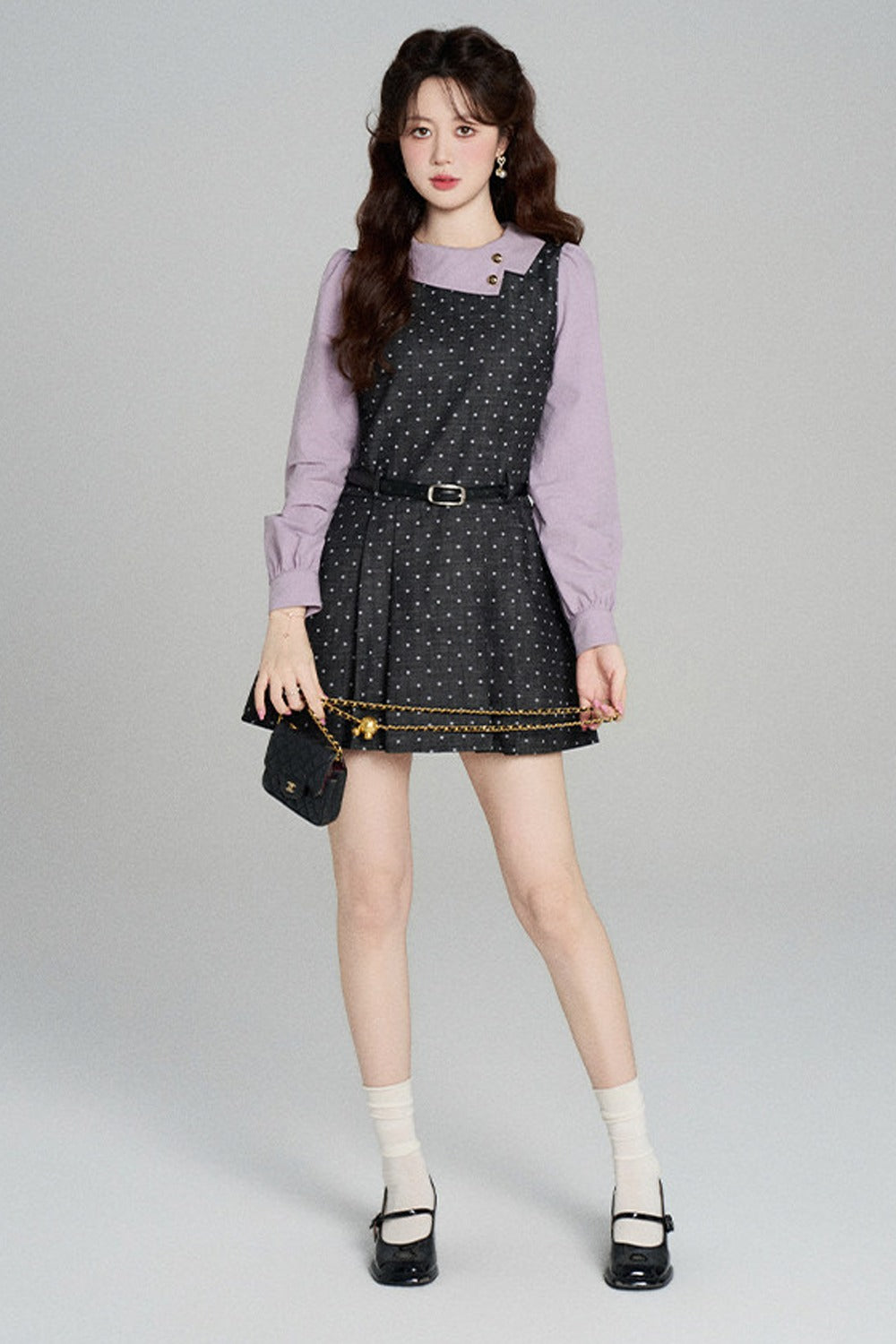 Black Purple Polka Dot Long Sleeve Dress