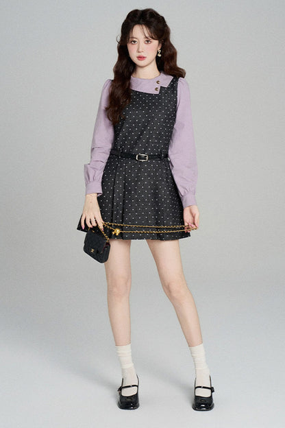 Black Purple Polka Dot Long Sleeve Dress