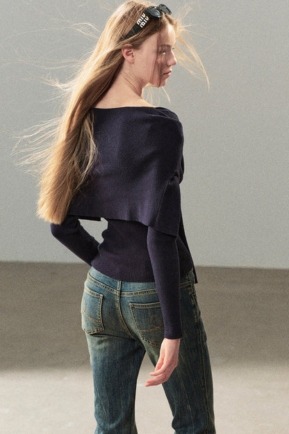 Flowing Twilight Layered-Look Shawl Ribbed Top 
Set