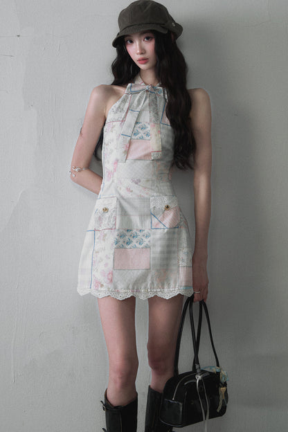 Patchwork Halter Bow Tie Sleeveless Lace Dress