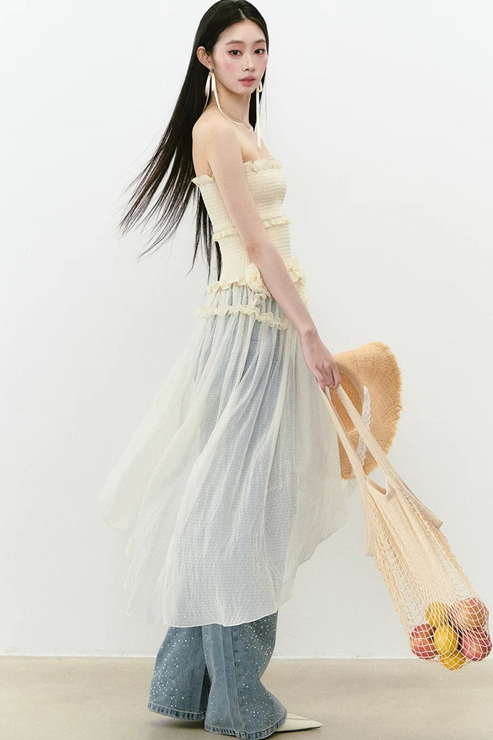 Asymmetrical Strapless Mesh Dress