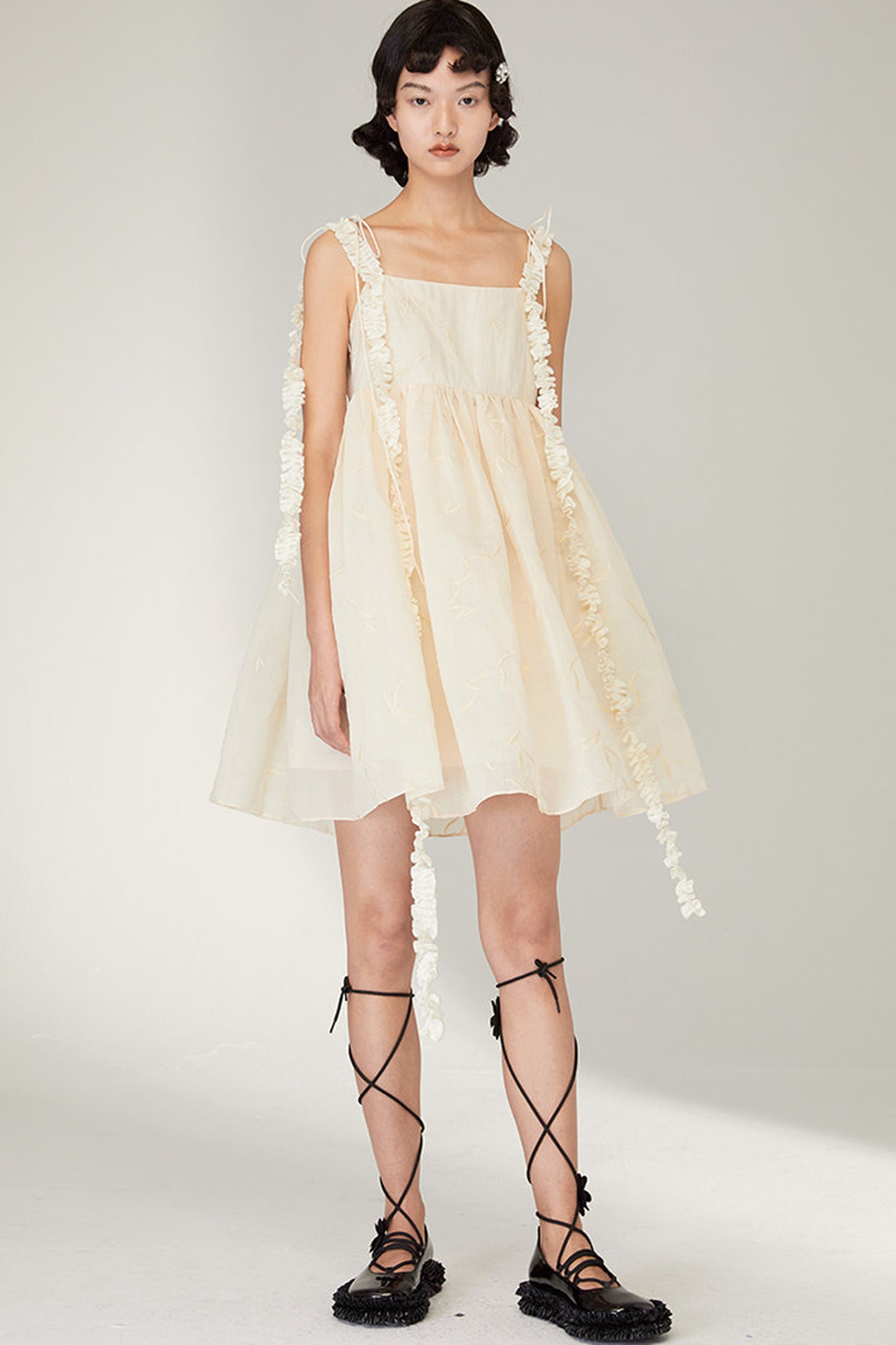 Floral Jacquard Ruffle Strap Dress